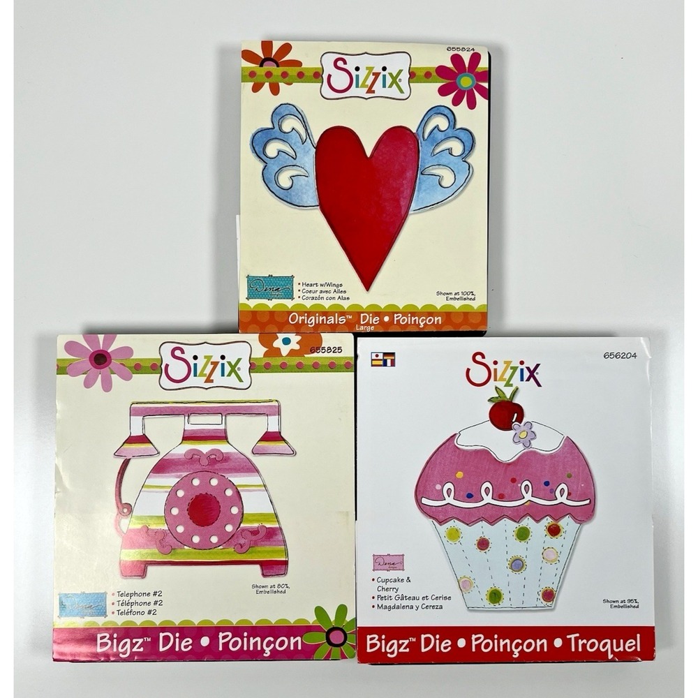 Sizzix Dies Fun Lot of 3 by Dena Designs - Heart w/Wings, Cupcake,  Telephone #2